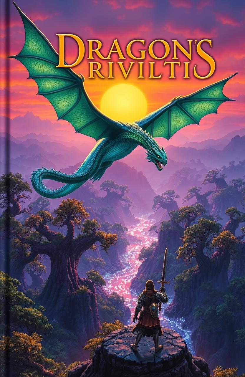 A captivating fantasy book cover featuring a majestic dragon soaring above an ancient enchanted forest at sunset