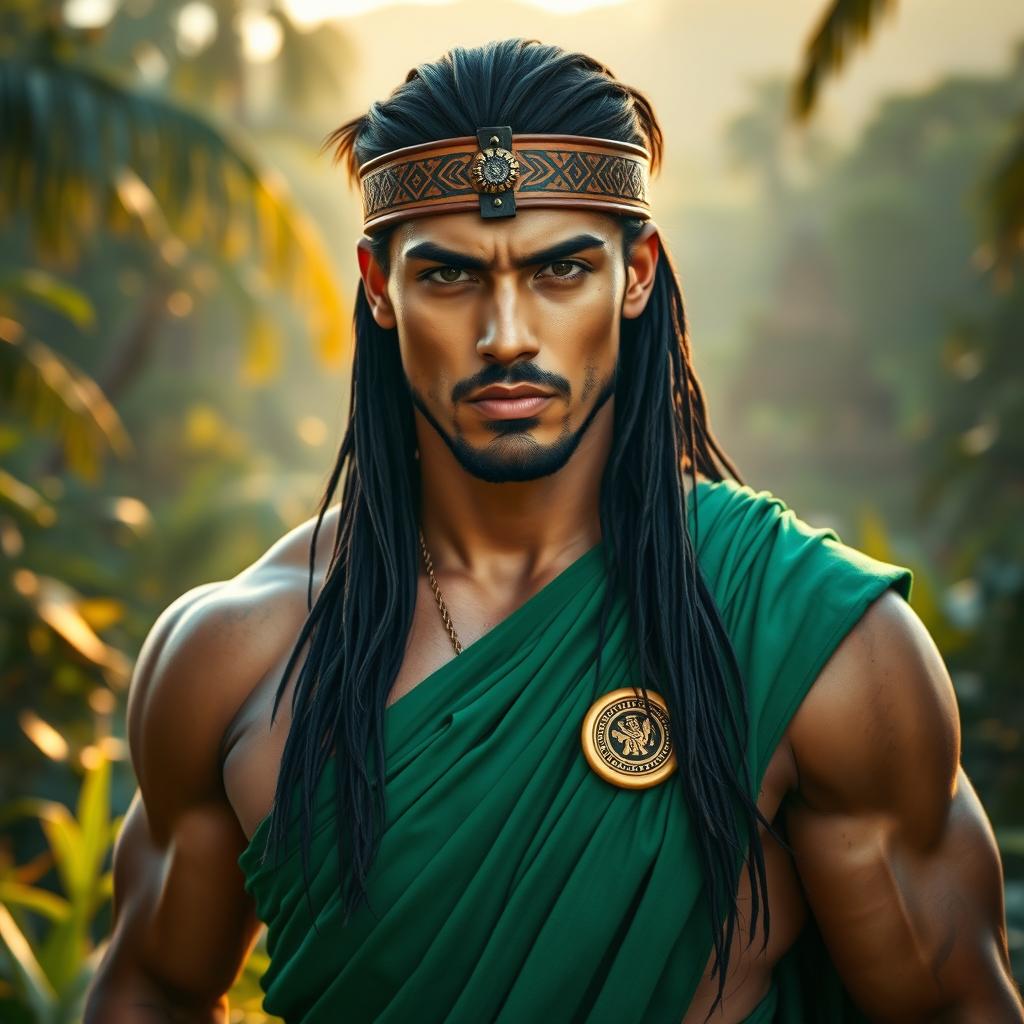 A 25-year-old Aztec emperor depicted as a muscular fitness aesthetic male
