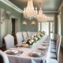 An elegant double dining room setup, featuring two tables with classy decor and a sophisticated, soothing color scheme. Each table is beautifully set for a family meal.