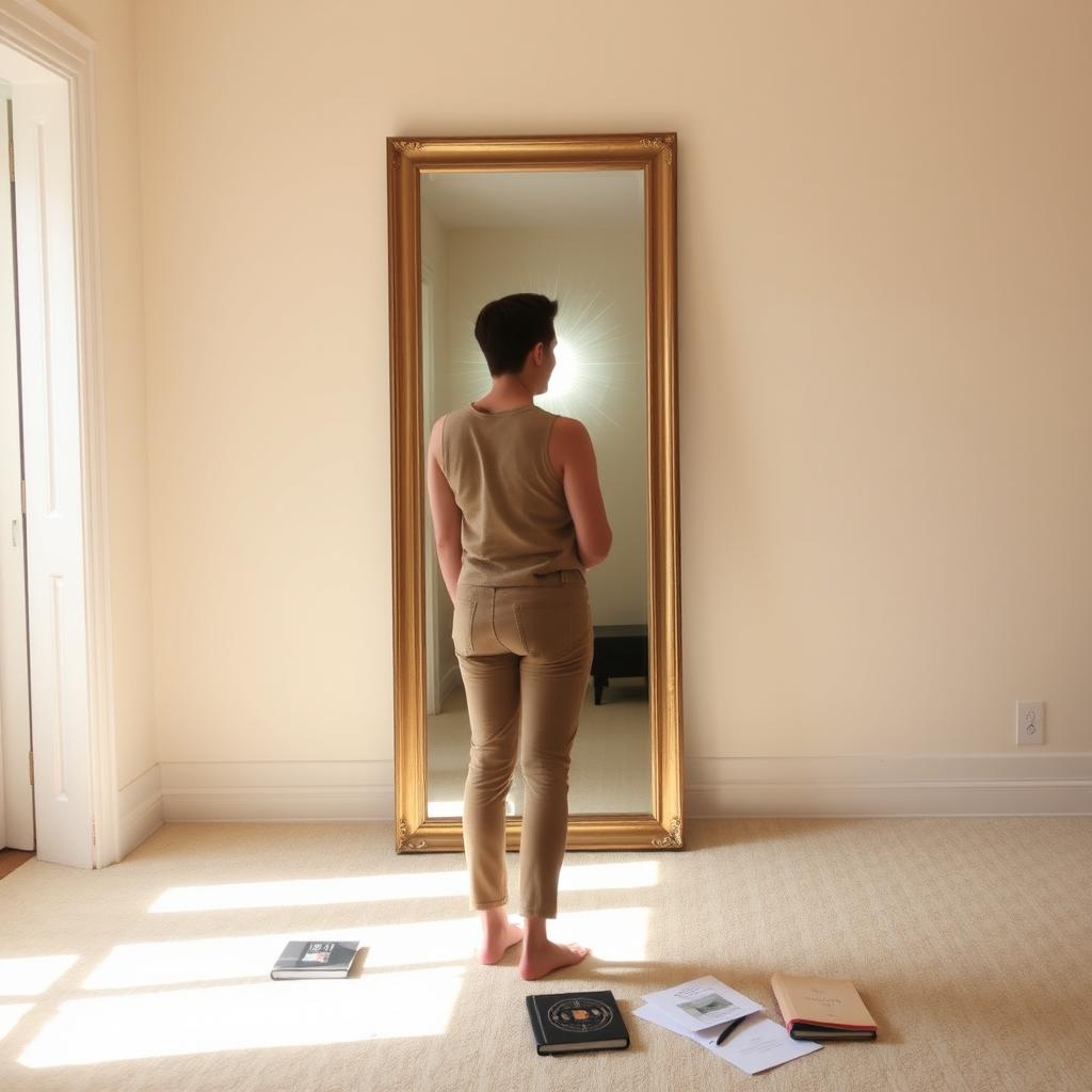 A person standing in front of a mirror in a serene, quiet room
