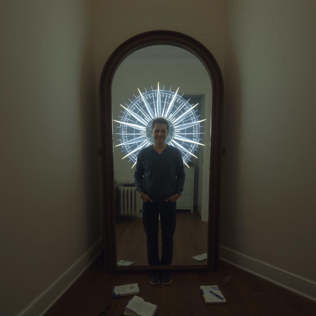 A person standing in front of a mirror in a serene, quiet room