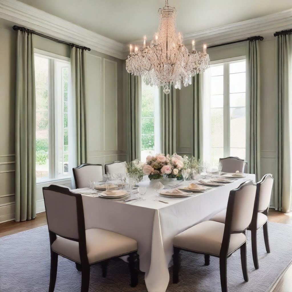 An elegant double dining room setup, featuring two tables with classy decor and a sophisticated, soothing color scheme. Each table is beautifully set for a family meal.