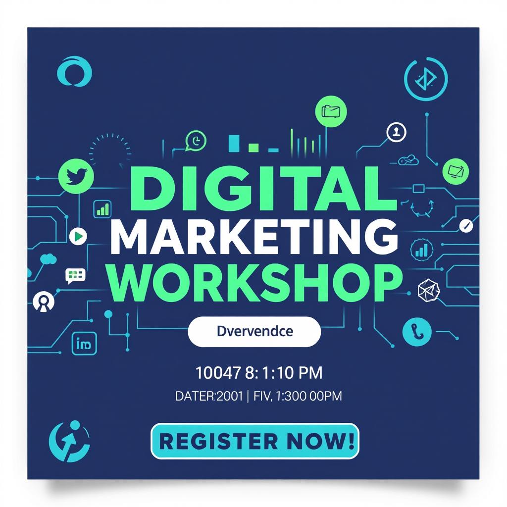 A vibrant and eye-catching poster for a digital marketing workshop, featuring bold typography that reads 'Digital Marketing Workshop', a tech-inspired background with abstract digital graphics, icons representing social media, SEO, and analytics