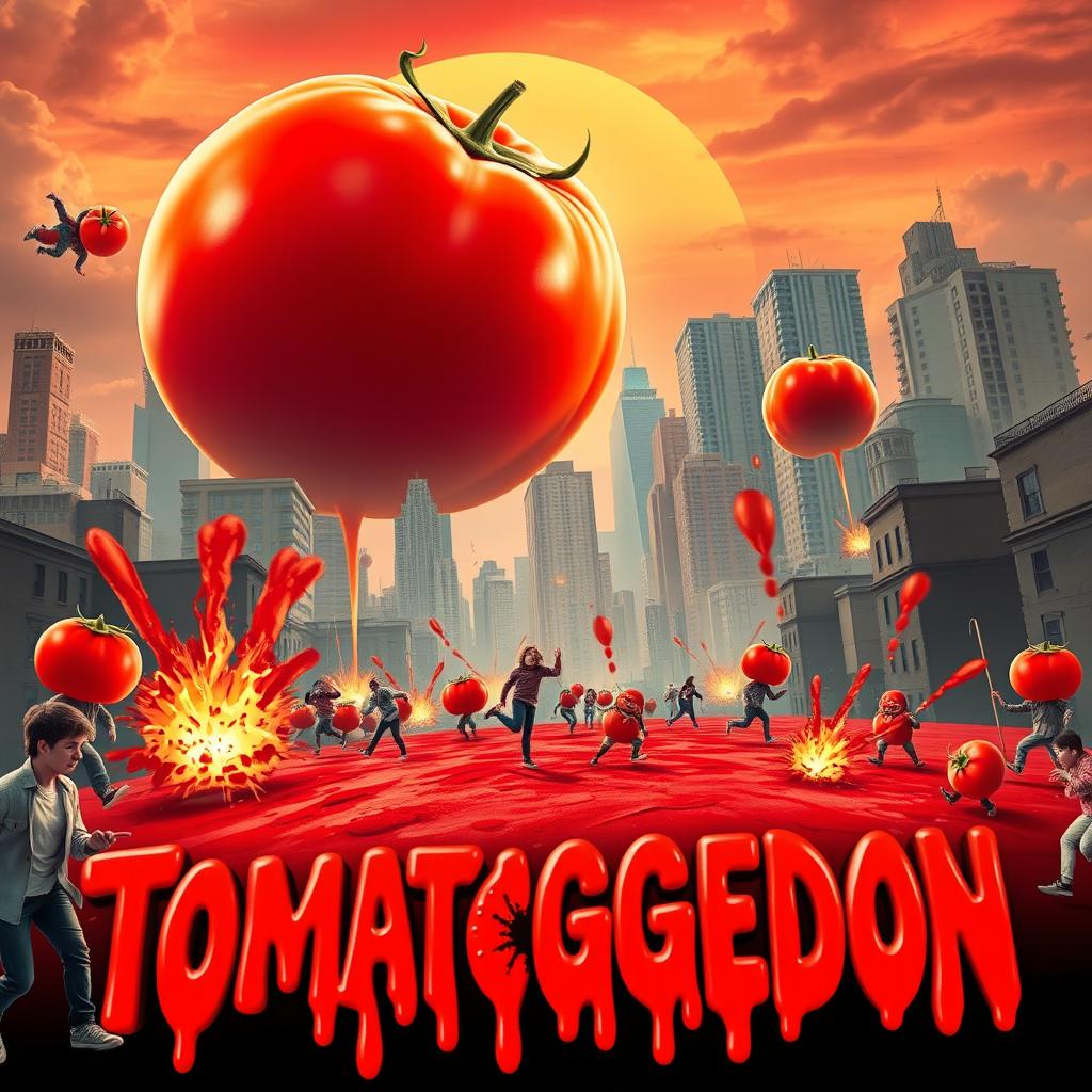 A vibrant and dynamic movie poster for a fictional apocalypse-themed film titled 'Tomatoggedon'