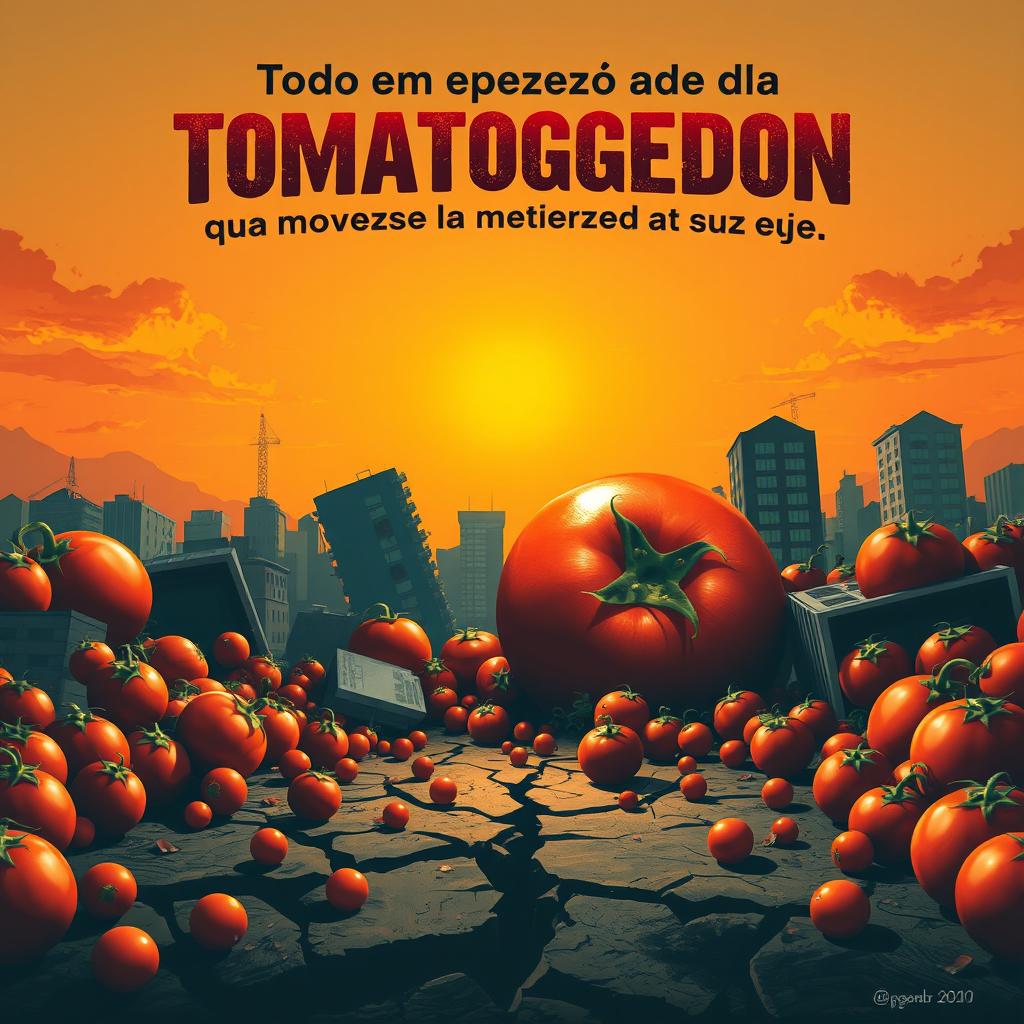 A dramatic poster for a fictional event titled 'Tomatoggedon', depicting an apocalyptic scene dominated by oversized, menacing tomatoes wreaking havoc in a cityscape