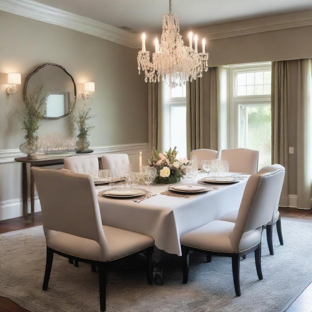 An elegant double dining room setup, featuring two tables with classy decor and a sophisticated, soothing color scheme. Each table is beautifully set for a family meal.