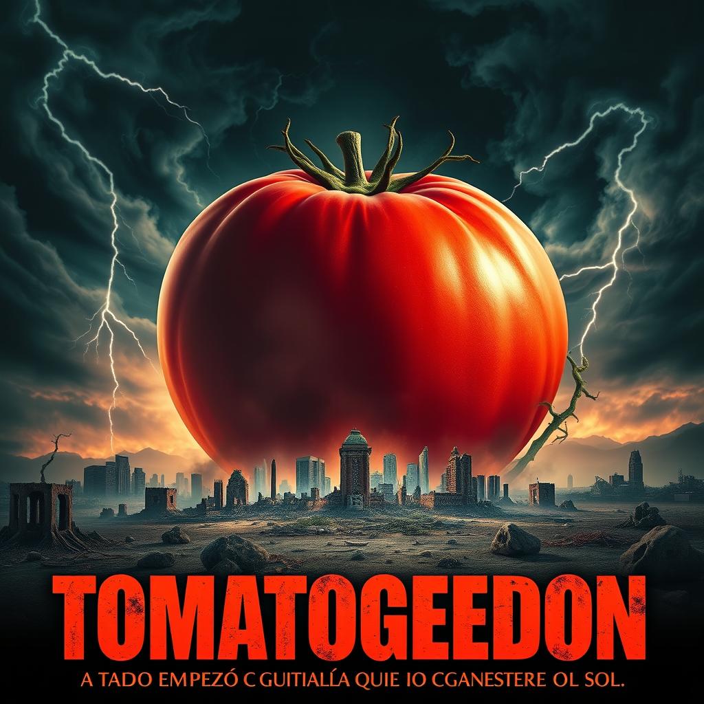 A dramatic and visually striking movie poster for a fictional film titled 'Tomatoggedon'