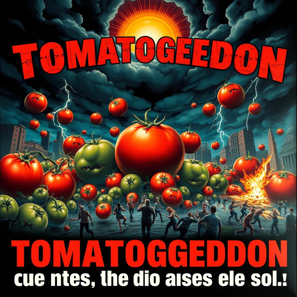 A vibrant and eye-catching poster for a fictional event called "Tomatoggedon" featuring an exaggerated apocalyptic scene