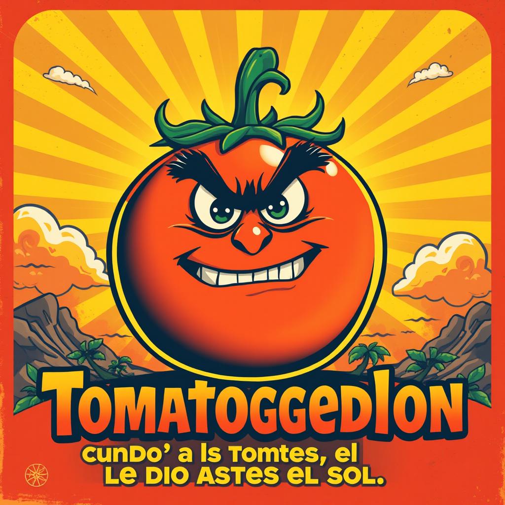 A vibrant and eye-catching poster featuring a large, exaggeratedly cartoonish tomato character named 'Tomatoggedon'