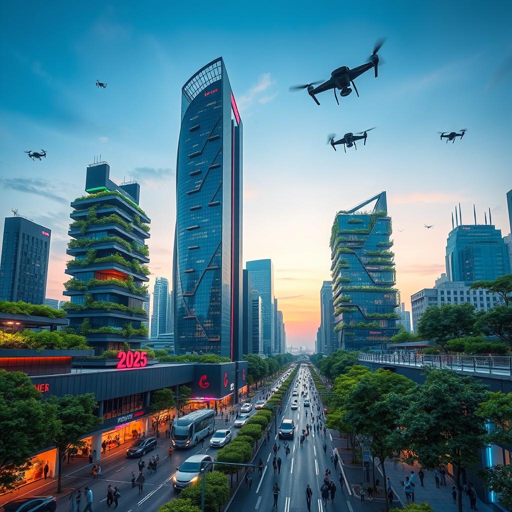 A futuristic cityscape in the year 2025, showcasing advanced architecture with sleek skyscrapers made of glass and metal