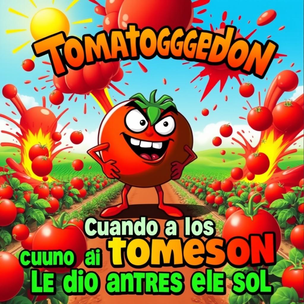 A vibrant and eye-catching poster featuring a large, cartoonish tomato character named 'Tomatoggedon' with a dramatic expression, standing amidst a chaotic background of exploding tomatoes and vibrant splashes of red and green