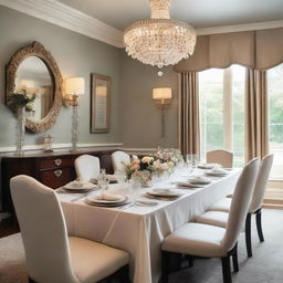 An elegant double dining room setup, featuring two tables with classy decor and a sophisticated, soothing color scheme. Each table is beautifully set for a family meal.