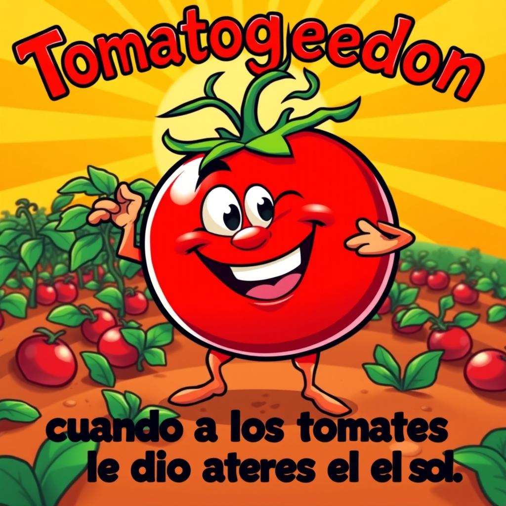 A vibrant poster showcasing a cartoon-style tomato named "Tomatoggedon" with exaggerated features, showcasing a happy expression