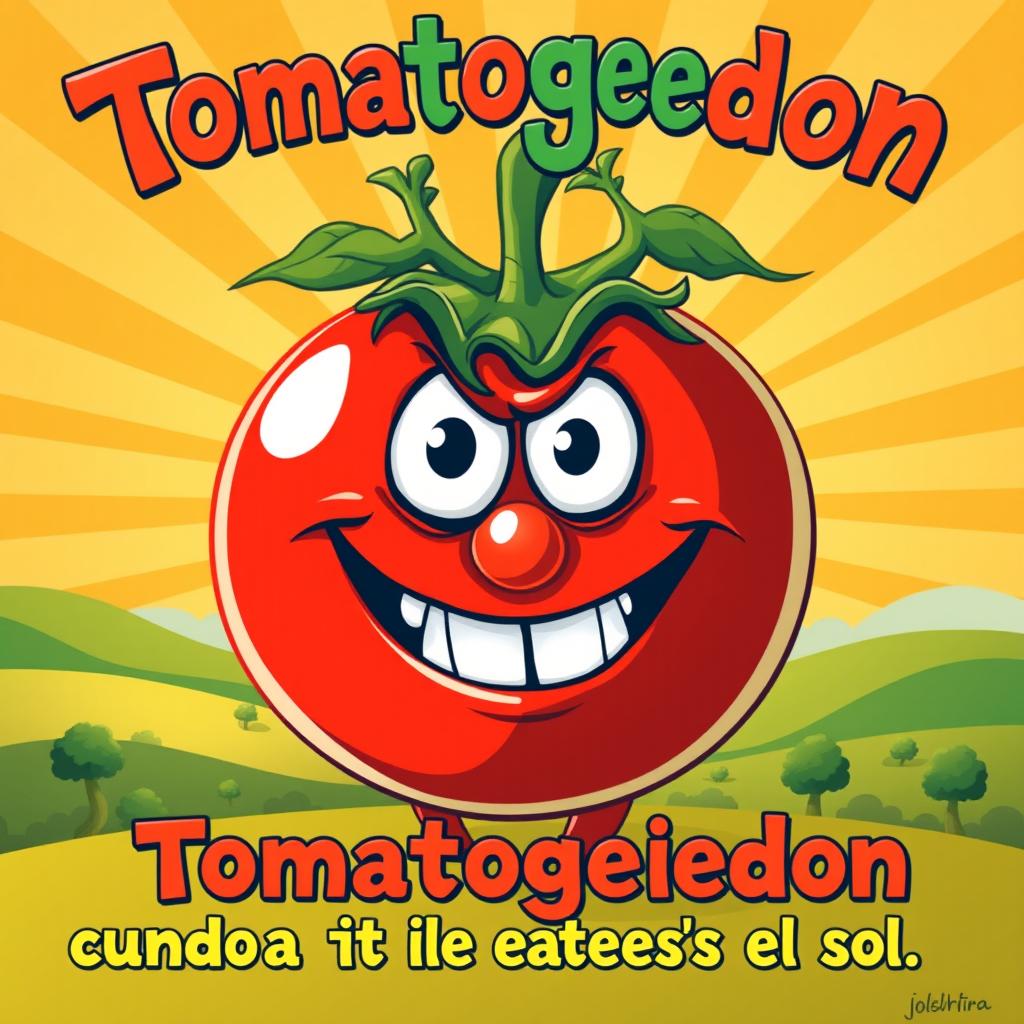 A vibrant and eye-catching poster featuring a large, cartoonish tomato character named 'Tomatoggedon'