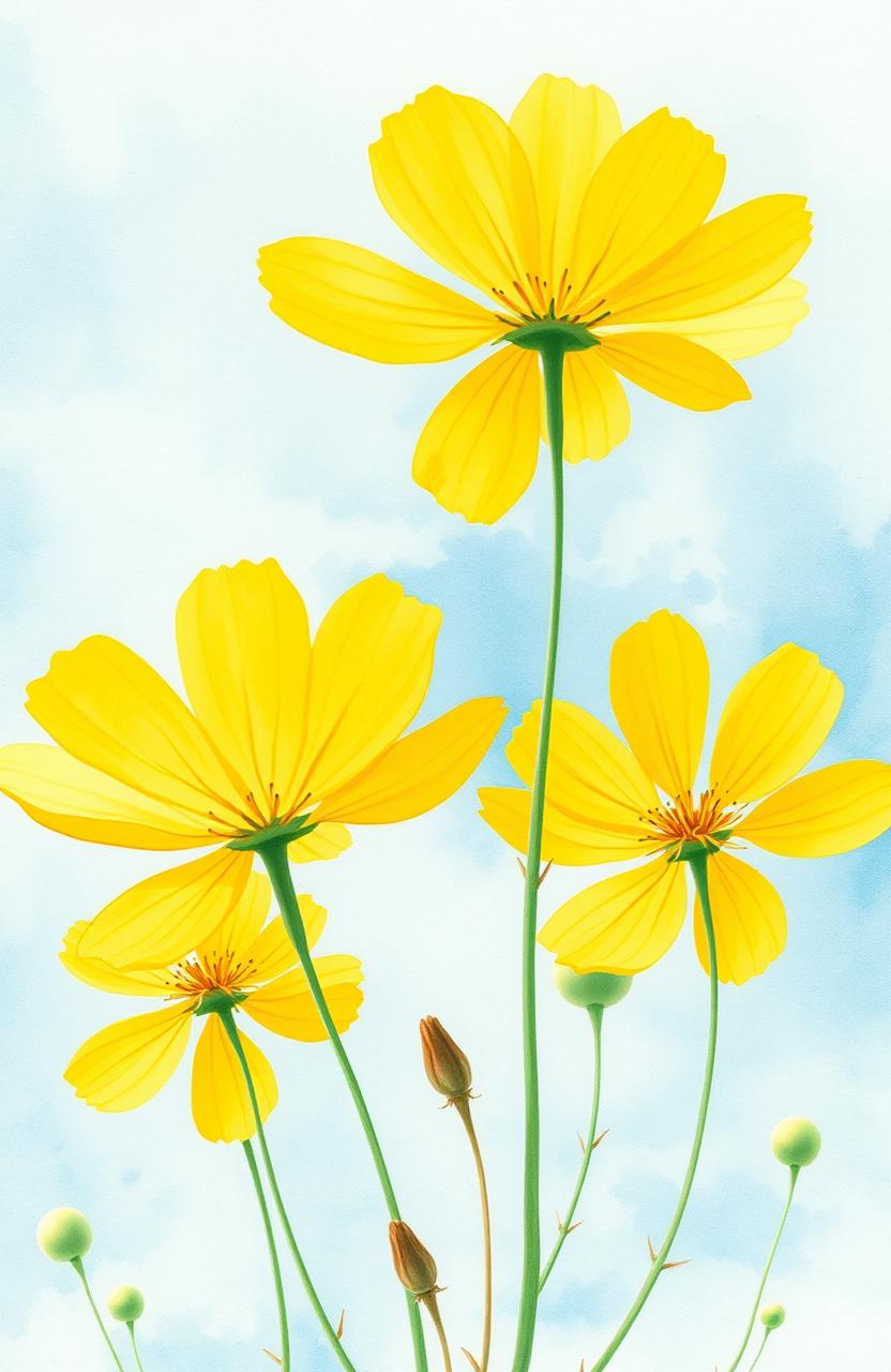 A vivid watercolor artwork featuring a light blue sky in the background, with large, bright yellow mustard flowers that dominate the scene, taking up two-thirds of the page