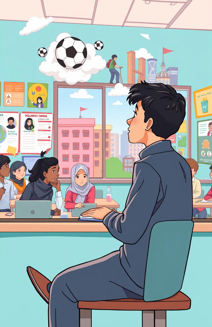 A vibrant and engaging illustration of a high school student named Tajus, experiencing life at an Islamic boarding school while daydreaming about attending a normal school