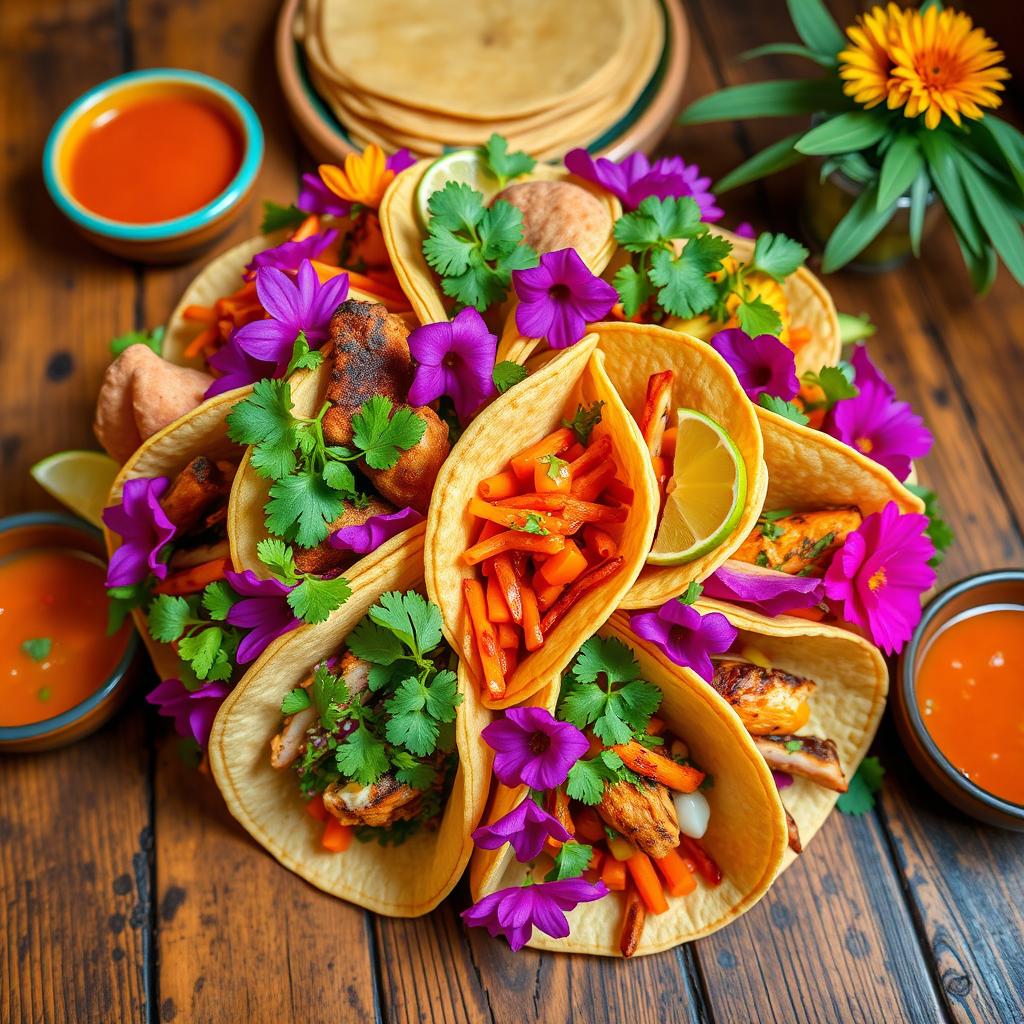 A colorful bouquet of tacos arranged beautifully, with various vibrant fillings such as carne asada, chicken, and grilled vegetables, garnished with fresh cilantro and lime wedges