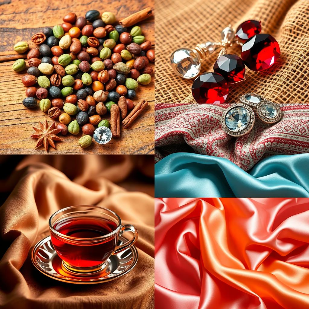 A vibrant and intricate collage featuring five exquisite images: 1) A close-up of an assortment of spices, including multicolored peppercorns, green cardamom pods, and cinnamon sticks arranged artfully on a rustic wooden surface