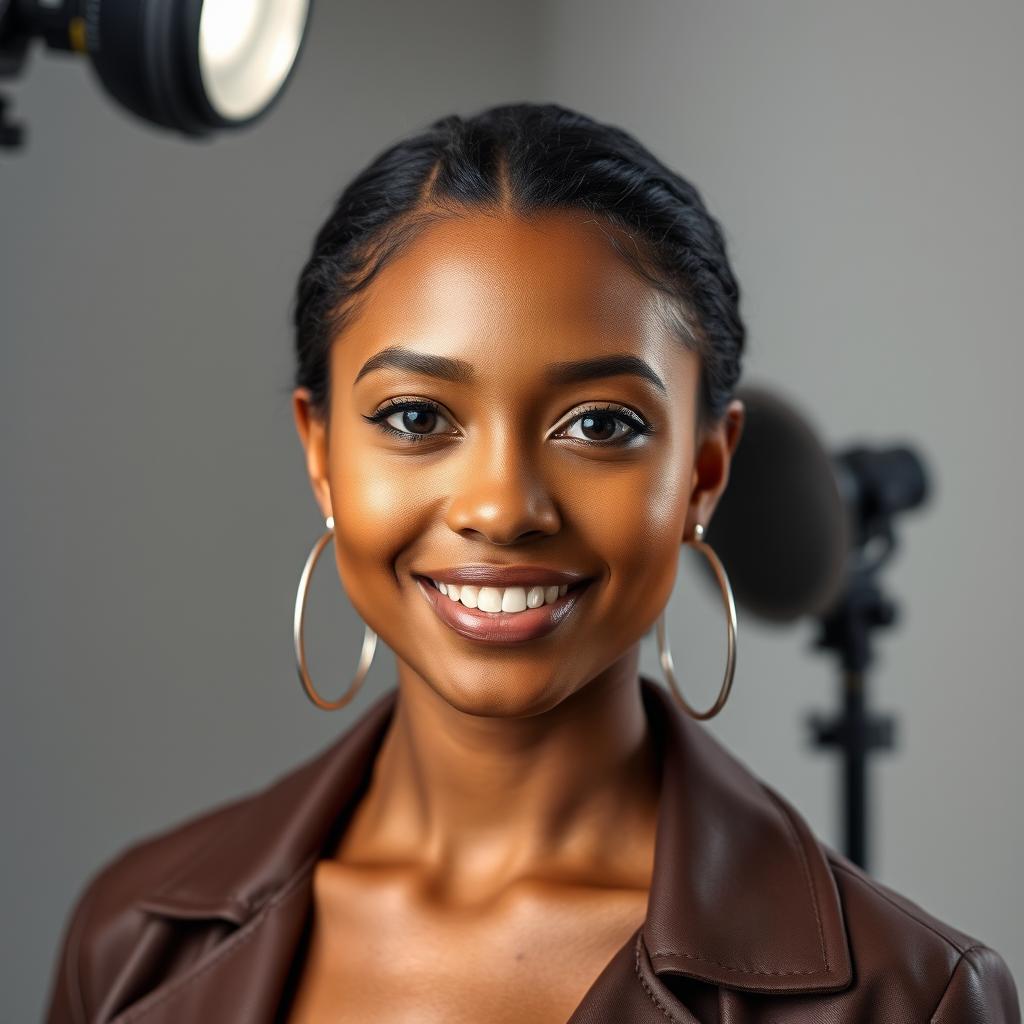 A polished studio portrait photograph of a person showcasing professional lighting and a neutral background