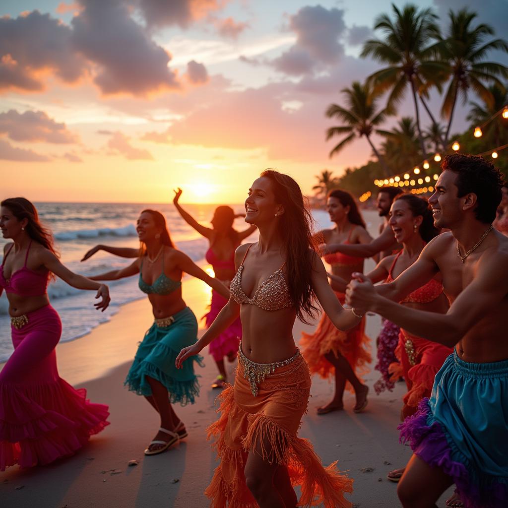 A vibrant scene of a Latin dance event on a beautiful beach at sunset