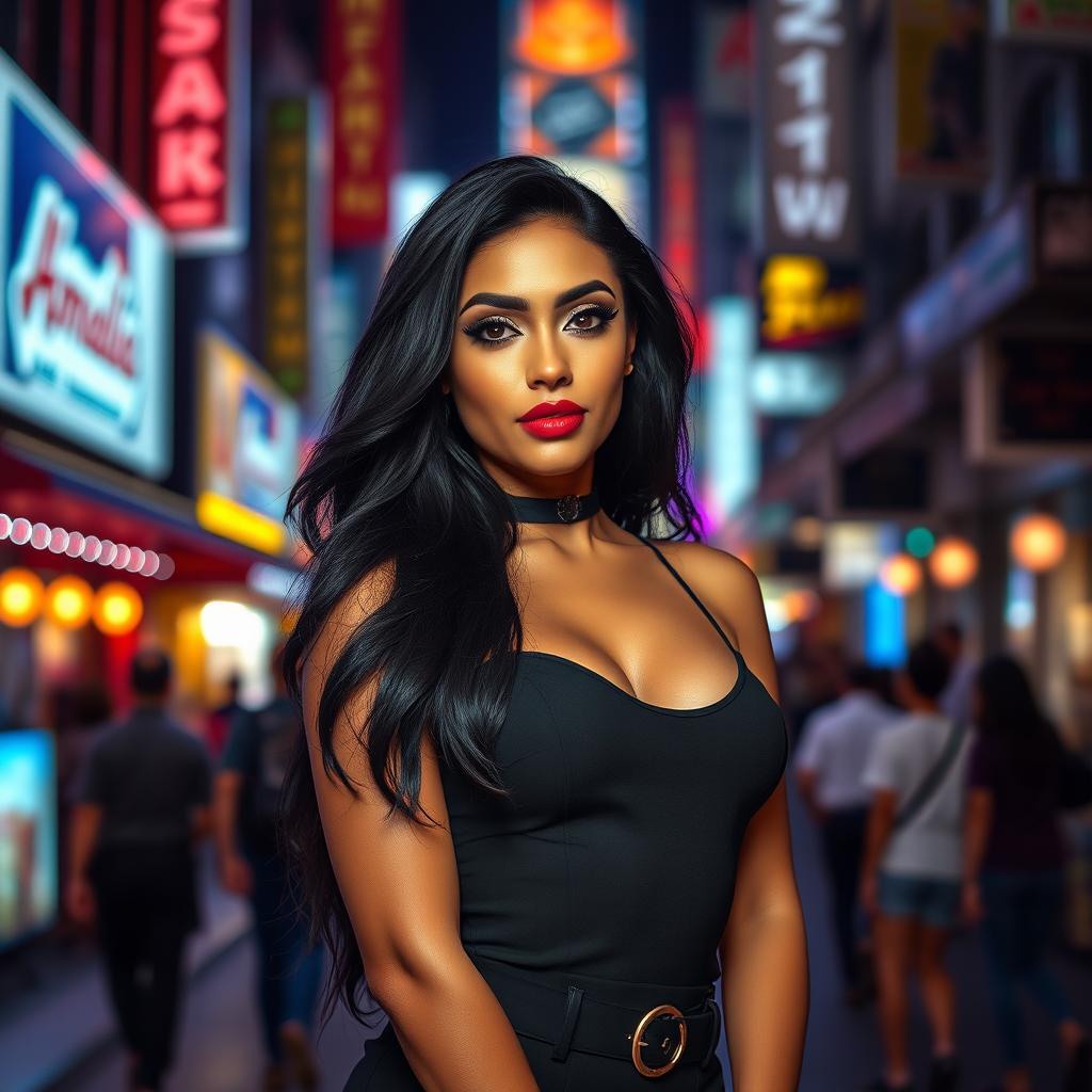 A portrait of a stunning woman standing confidently in a vibrant urban environment