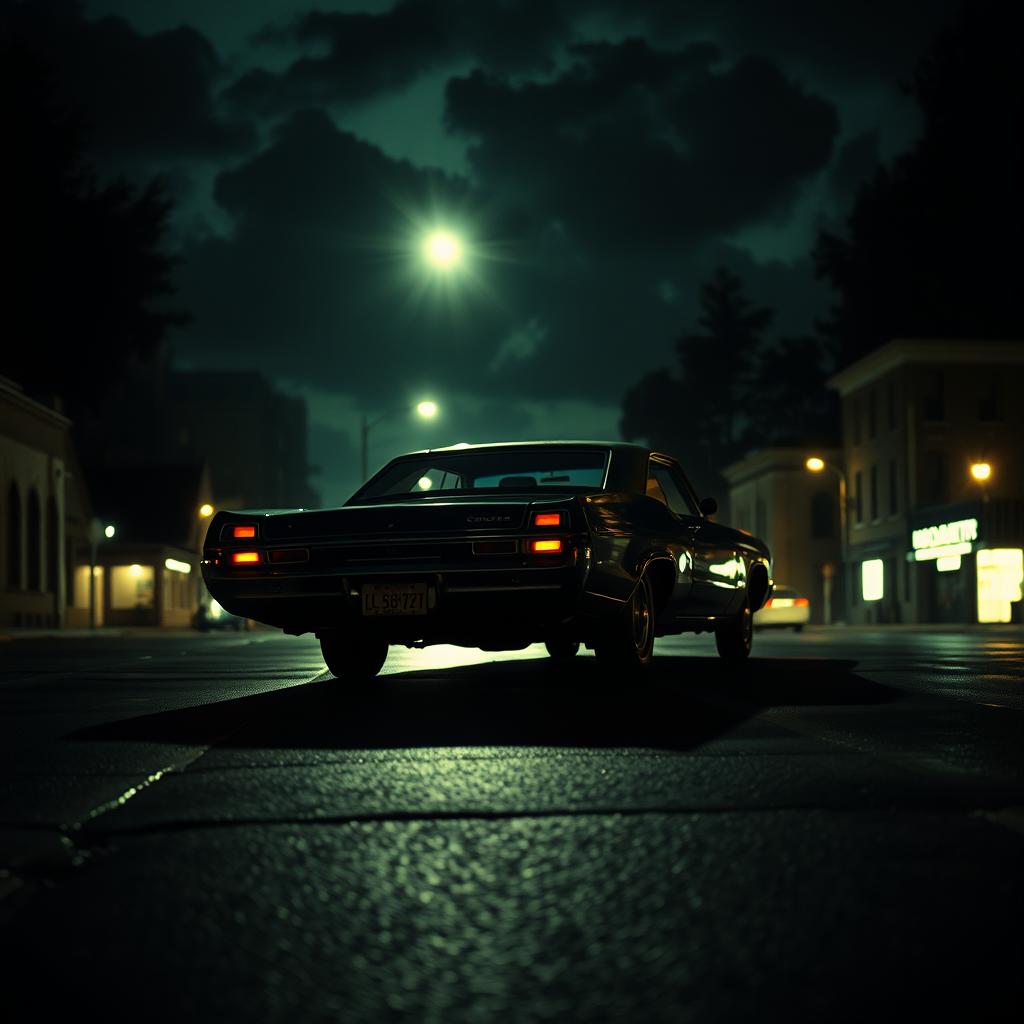 A dramatic scene in 1990s crime noir thriller style, depicting a black 1967 Chevy Impala driving off into the night, seen distantly in the background