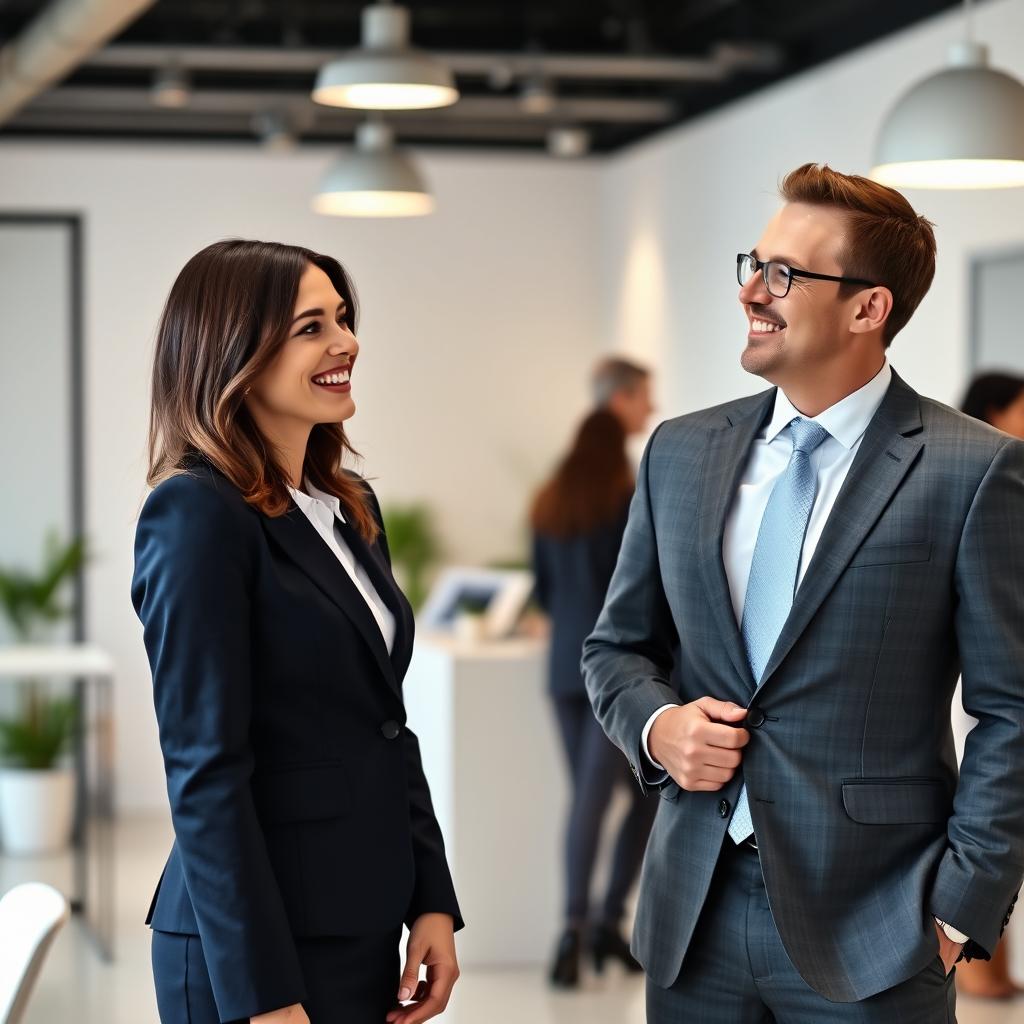 A professional business setting with a white background featuring individuals dressed in elegant formal attire