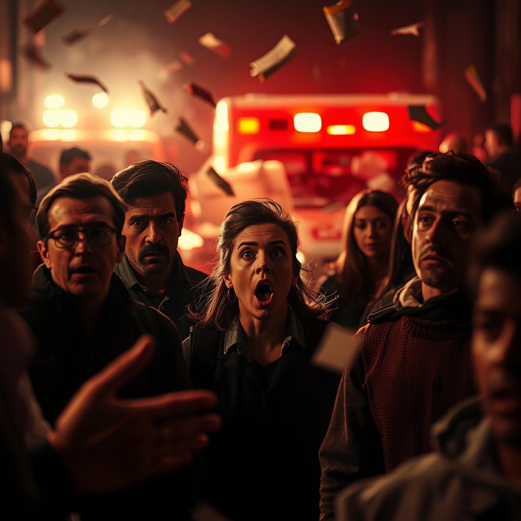 A dramatic scene of an accident unfolding, with dramatic lighting casting harsh shadows and highlighting the chaos
