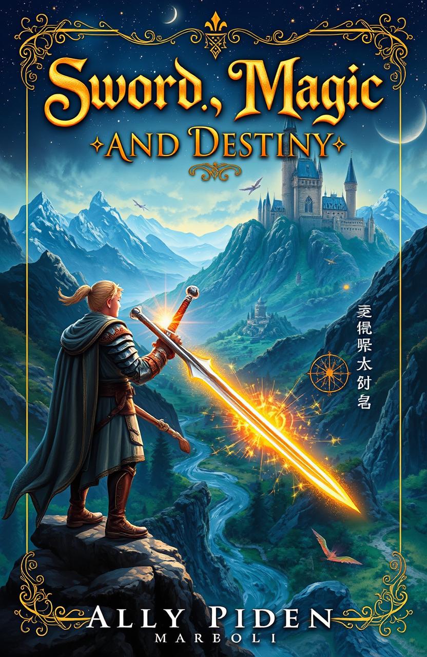 A captivating fantasy book cover for 'Sword, Magic, and Destiny', featuring a courageous hero wielding a gleaming sword, standing on a rocky cliff