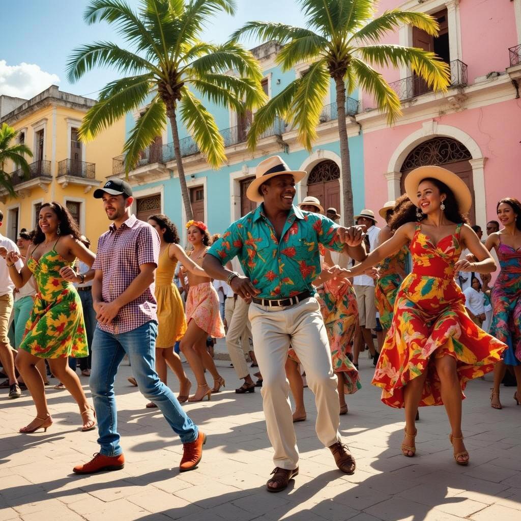 A vibrant and joyful scene of Cuban dancing taking place in a sunny plaza adorned with colorful colonial buildings