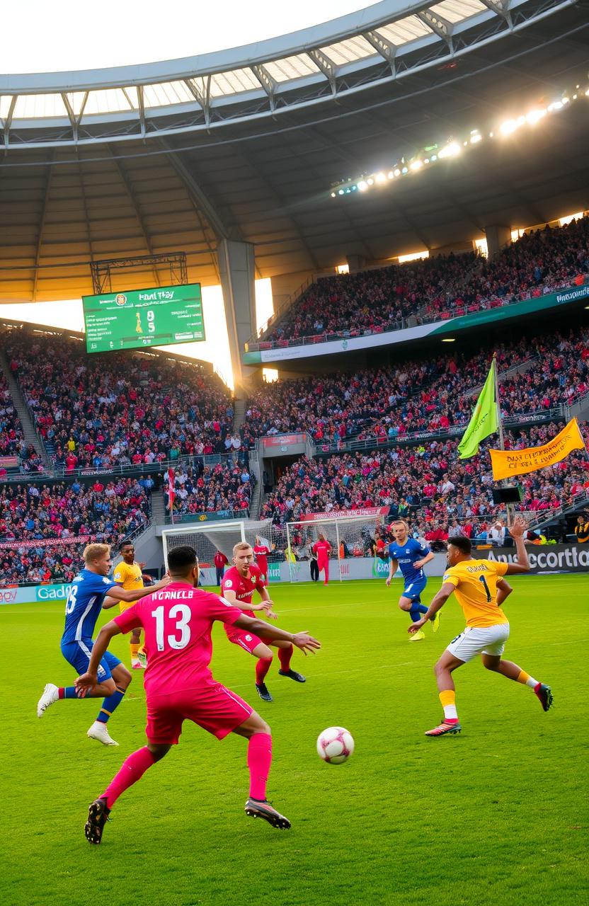 An action-packed scene of a football match in a large stadium, featuring players in vibrant uniforms engaged in intense gameplay