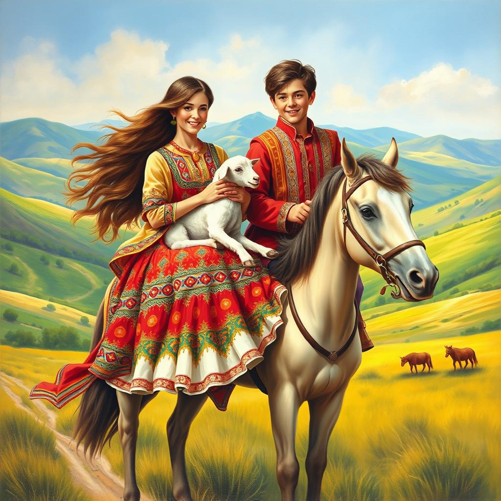 A beautiful painting featuring a young couple dressed in traditional Bakhtiari clothing, riding horses