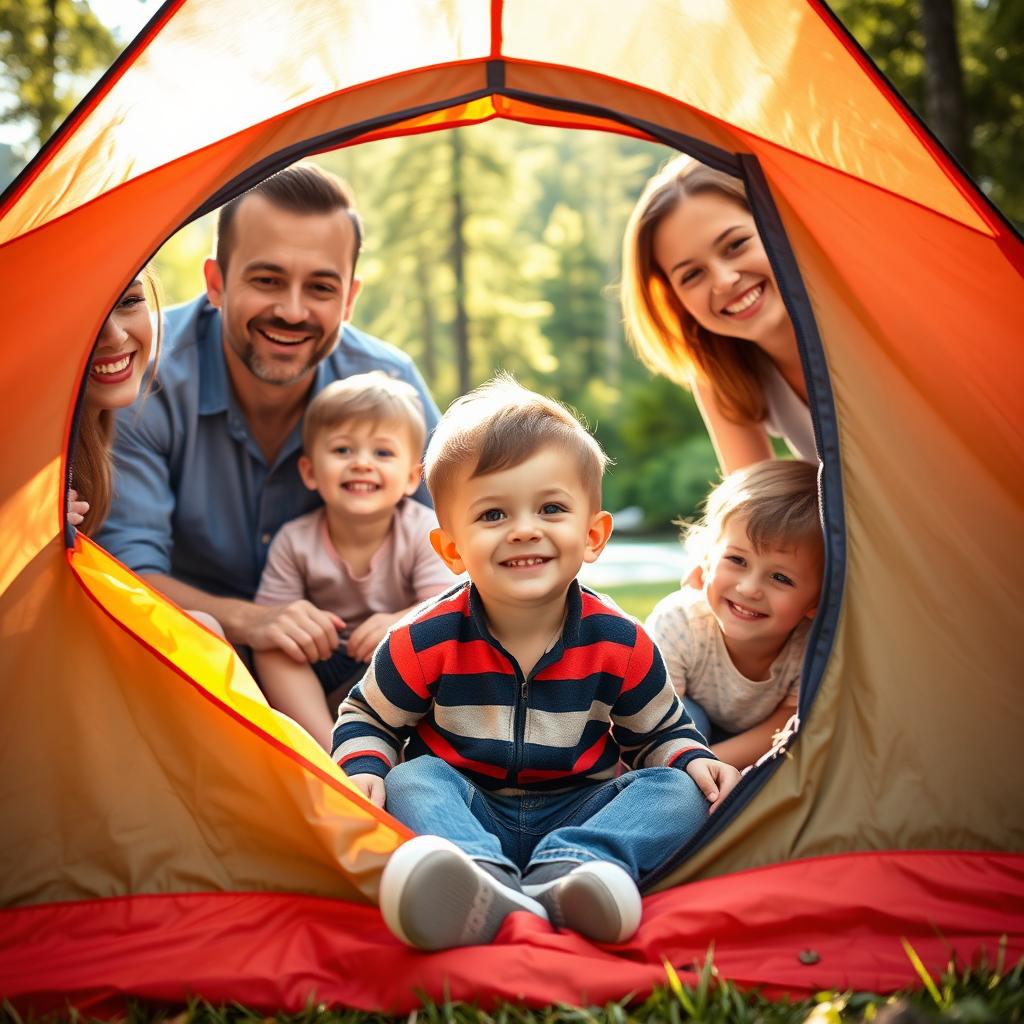 A happy family scene featuring a young boy sitting in a tent surrounded by his parents, brother, and sister in a beautiful natural setting