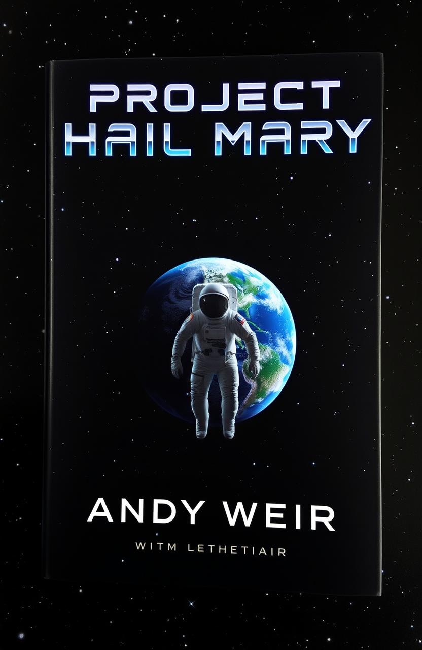 A striking book cover for 'Project Hail Mary' by Andy Weir, featuring a lone astronaut in a sleek space suit, floating in the vastness of dark space surrounded by twinkling stars