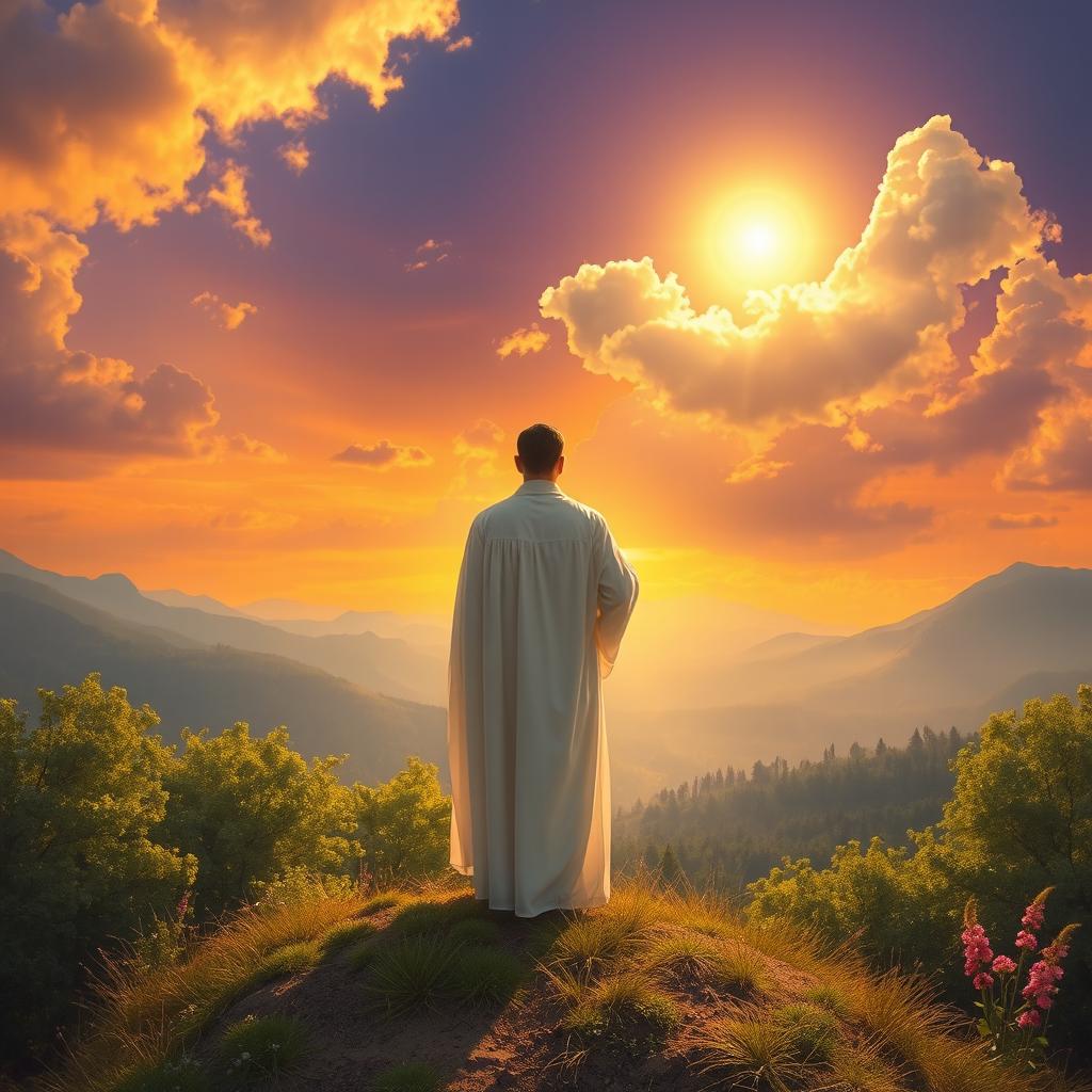 A serene and inspiring religious scene symbolizing the end times, featuring ethereal light illuminating a peaceful landscape