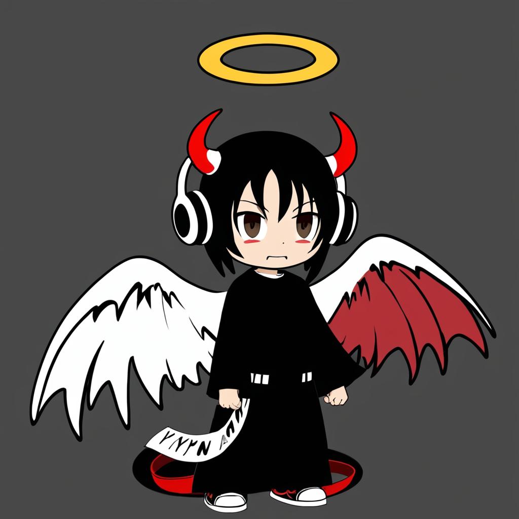 Un chico de 18 años con una tunica de muerte y rayas rojas con unos audifonos y un microfono de narrador de television,una ala de angel a la izquierda y una ala de demonio a la derecha con unos cuernos demoniacos y una halo de angel en la cabeza