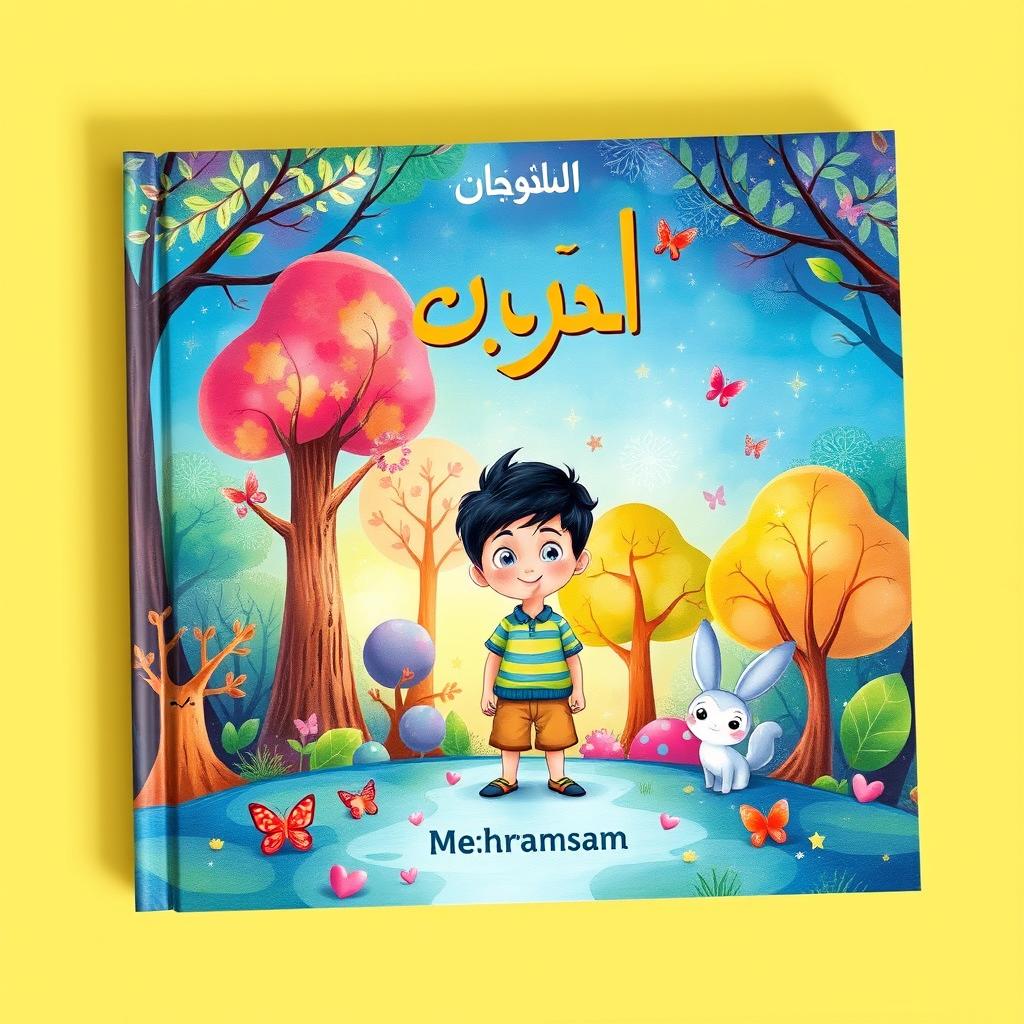 A beautifully illustrated storybook cover featuring a whimsical scene where a young boy named Mehrsam stands in a magical forest, surrounded by vibrant, colorful trees and enchanting creatures like butterflies and small animals