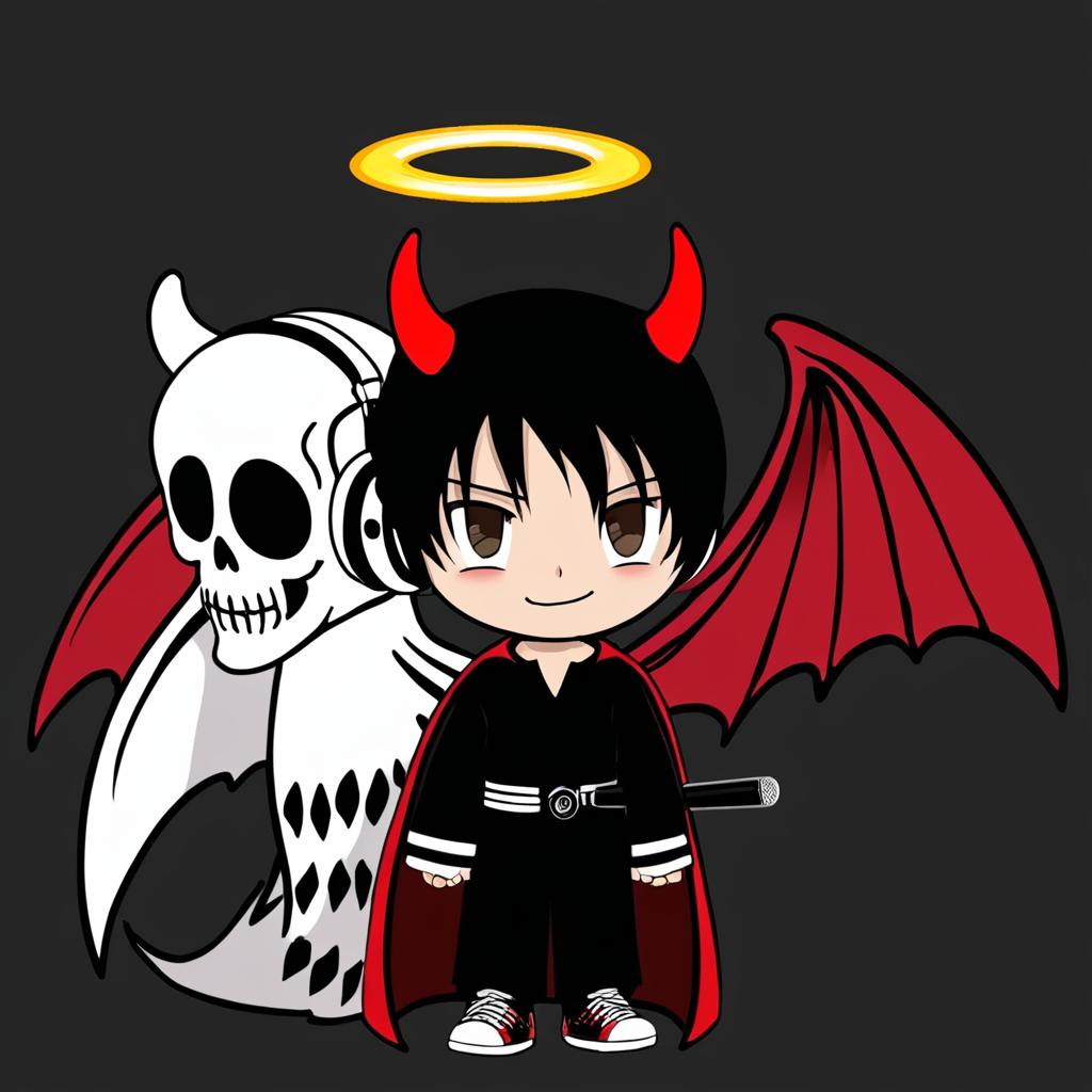 Un chico de 18 años con una tunica de muerte y rayas rojas con unos audifonos y un microfono de narrador de television,una ala de angel a la izquierda y una ala de demonio a la derecha con unos cuernos demoniacos y una halo de angel en la cabeza