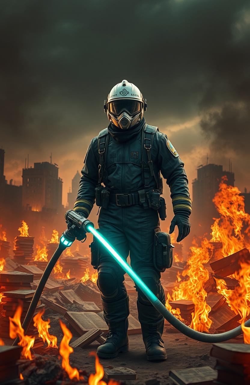 A dystopian scene inspired by Ray Bradbury's Fahrenheit 451, featuring a firefighter in a futuristic, oppressive city