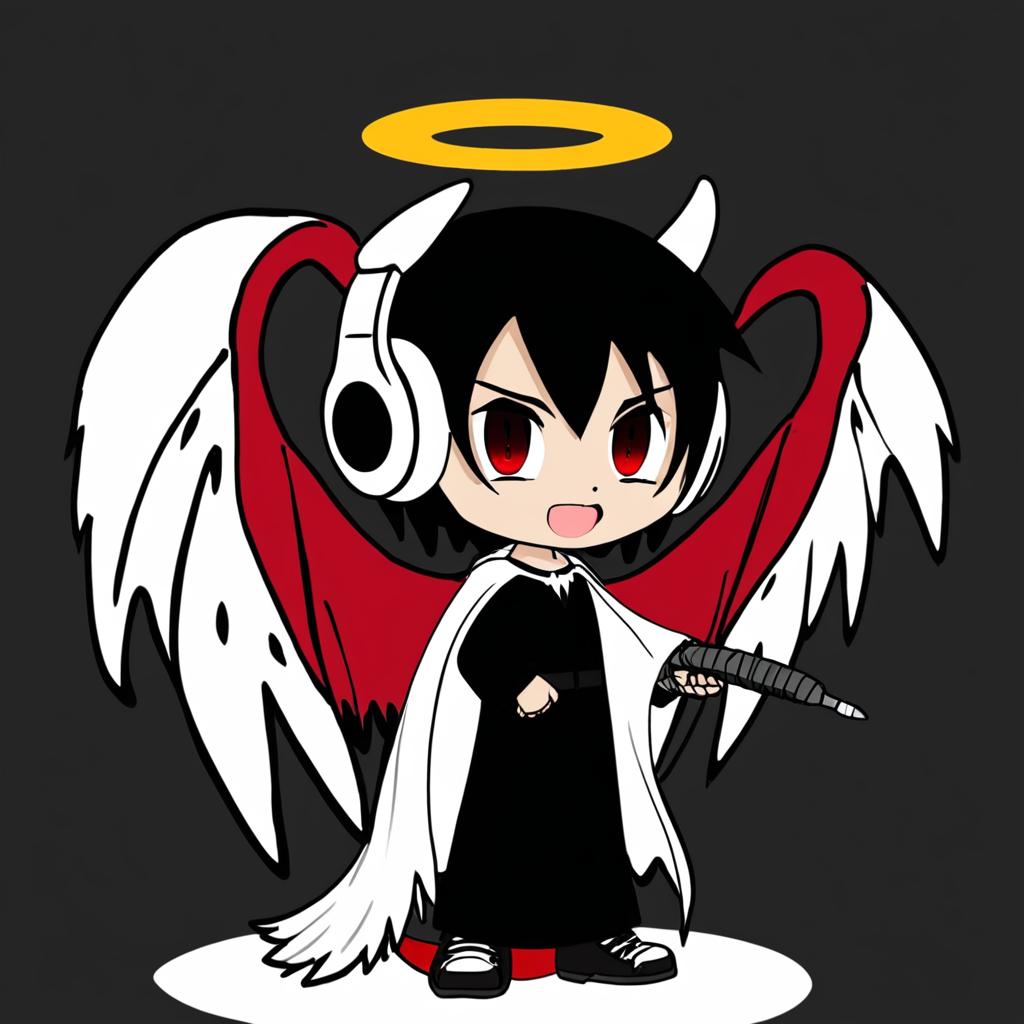 Un chico de 18 años con una tunica de muerte y rayas rojas con unos audifonos y un microfono,una ala de angel de color blanco puro a la izquierda y una ala de demonio de color puro rojo a la derecha con unos cuernos demoniacos y una halo de angel en la cabeza