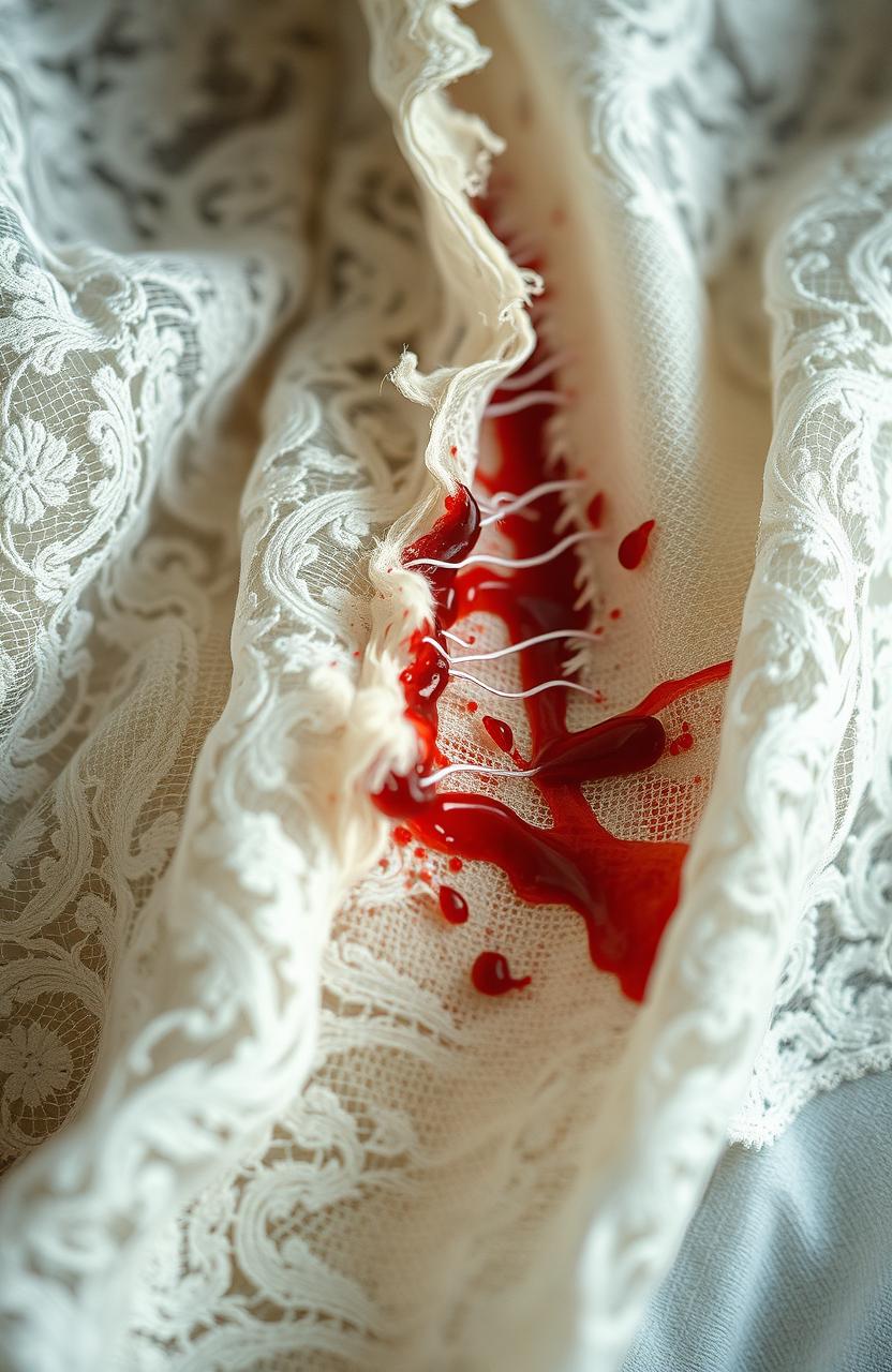 A stunningly detailed artist's depiction of a laceration on delicate lace, showcasing intricate patterns of the lace torn and frayed, with blood subtly seeping through the damaged fabric