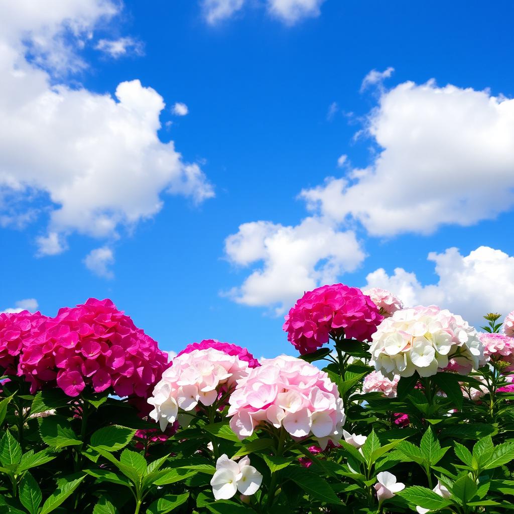 A beautiful scene of a vibrant landscape featuring a blue sky adorned with fluffy white clouds