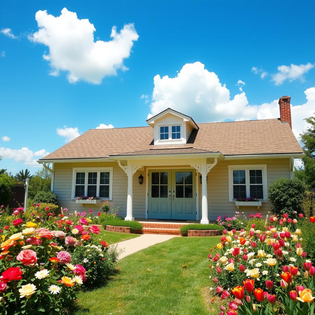 A charming house with a beige exterior, surrounded by a lush garden filled with colorful flowers