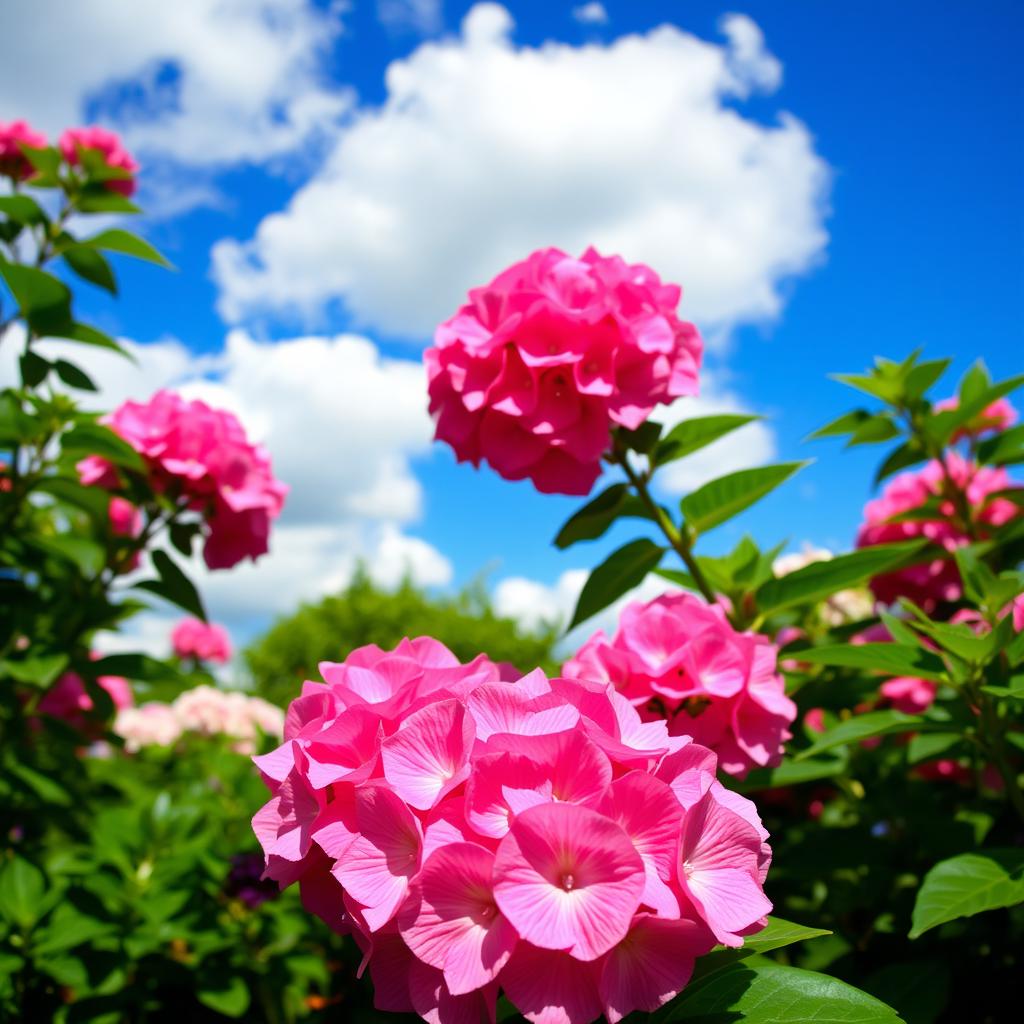 A beautiful garden scene featuring a bright blue sky filled with fluffy white clouds
