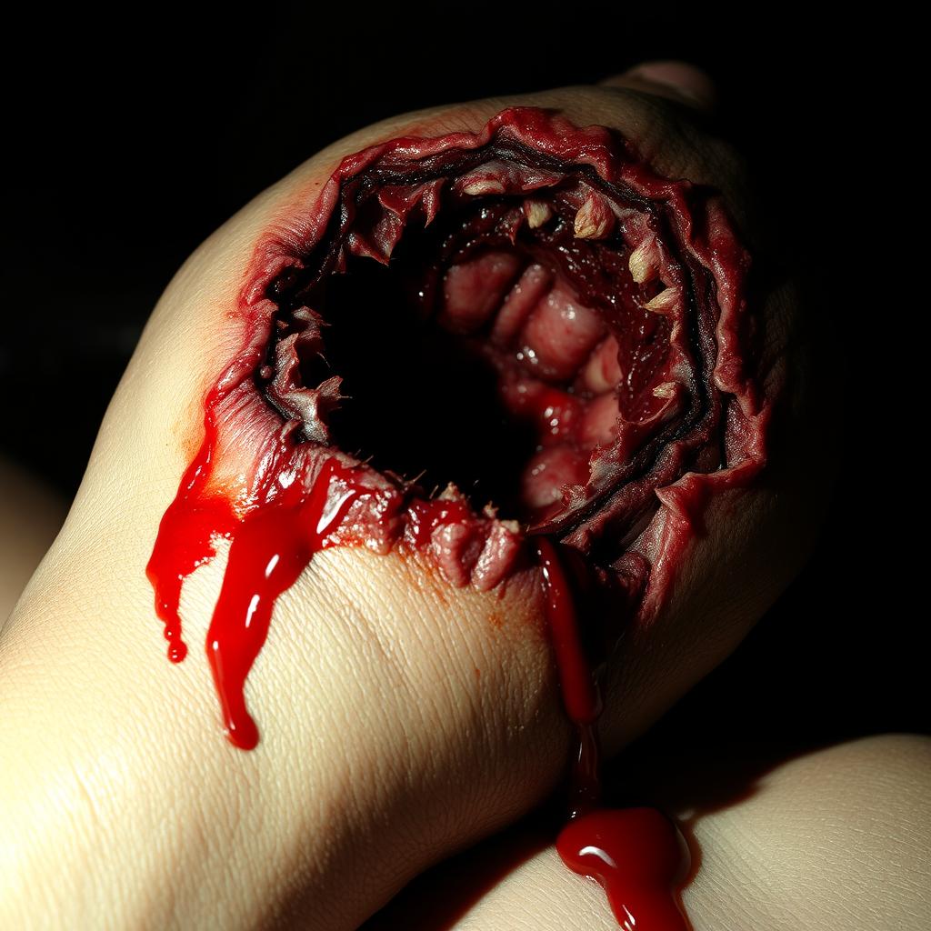 A graphic and disturbing depiction of a severe laceration, showcasing the deep and jagged edges of the wound
