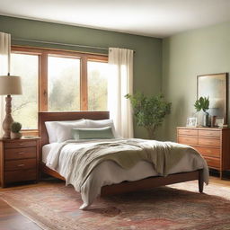 A cozy, well-lit bedroom with a king-sized bed, tastefully decorated with warm colors. There are stylish furnishings like a wooden nightstand, a comfortable chair, and a plush area rug. A window reveals a hint of greenery outside.