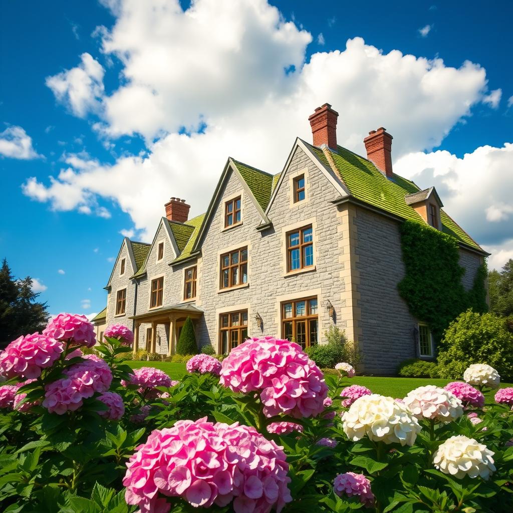 A large, stunning house made of grey and beige bricks with a vibrant green roof