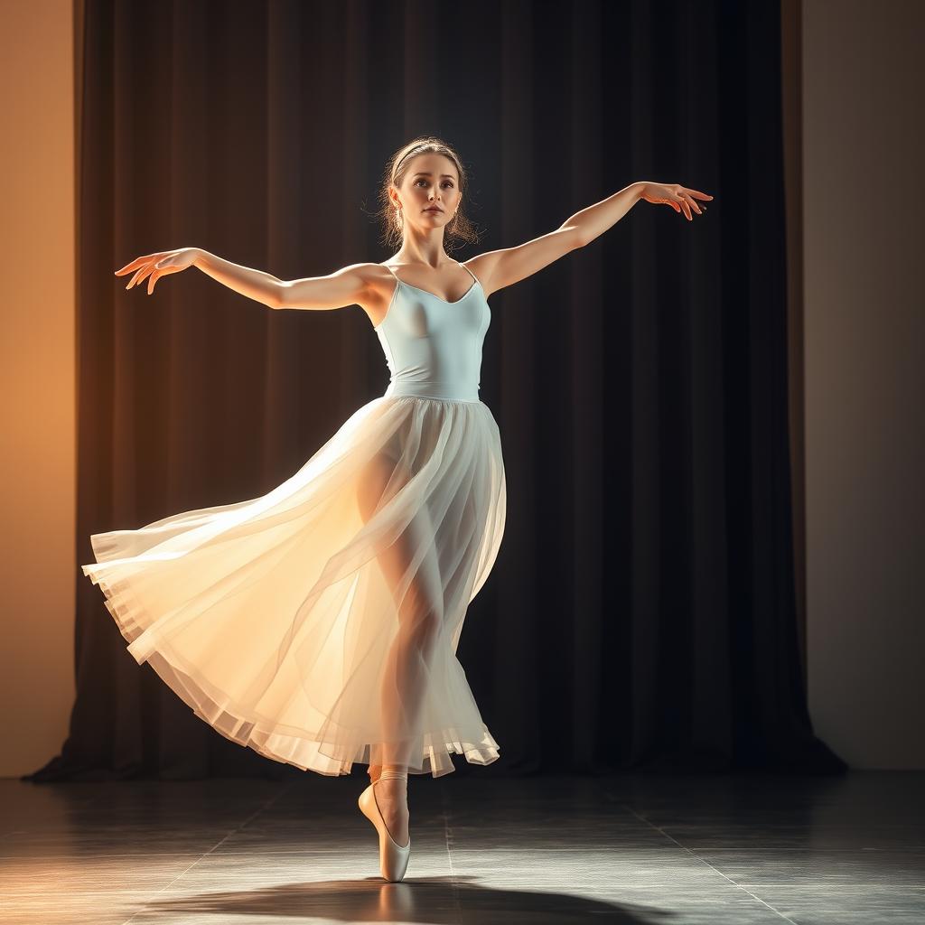 A dynamic dance scene capturing a graceful ballerina in mid-performance, wearing a flowing white tutu and delicate pointe shoes