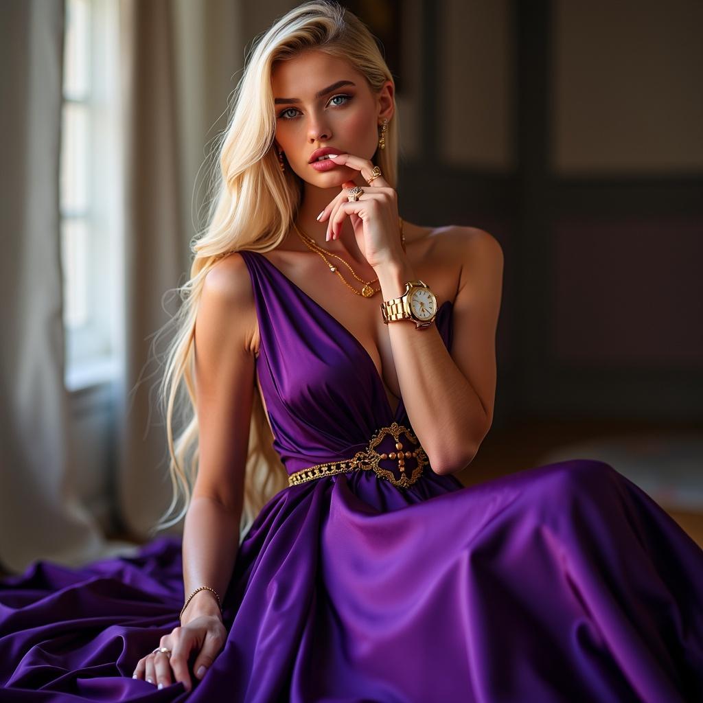 A sexy, elegant girl with long blonde hair wearing a stunning violet evening gown, captivating with a sultry gaze