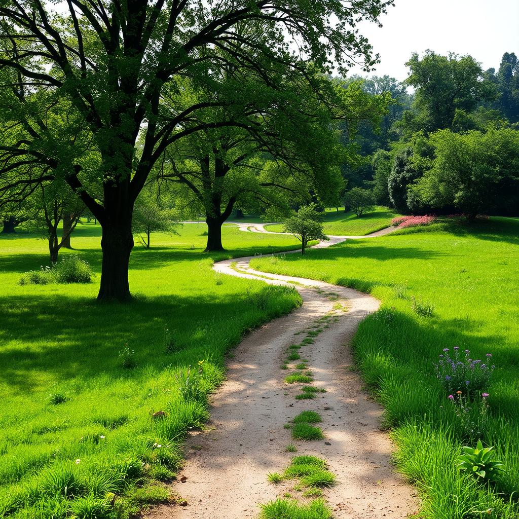 A serene rural scene captured from a side view, showcasing a lush green lawn on the left side